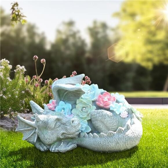 Garden Dragon Statue Outdoor Decor, Coiled Sleeping Dragon Figurine Solar Light - Picture 3 of 7